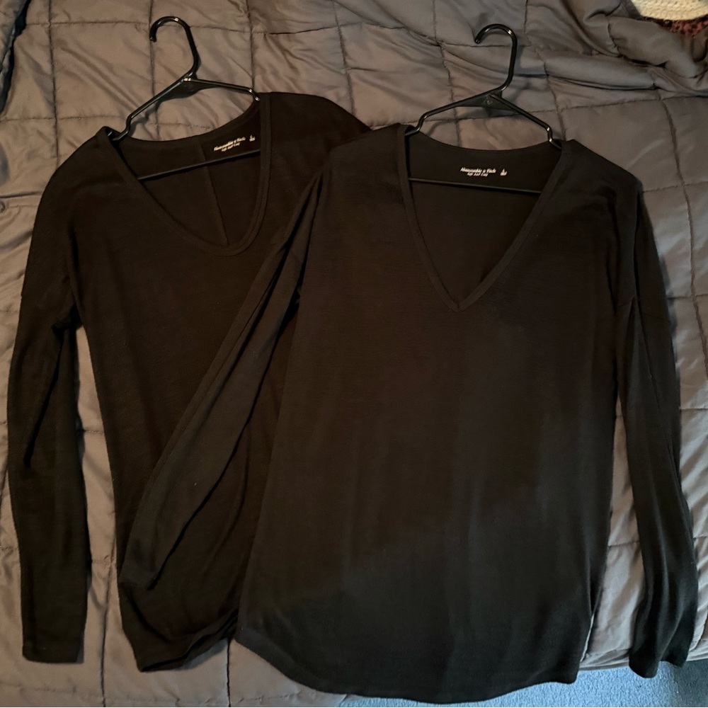 (2) Abercrombie & Fitch- Black V-Neck Long Sleeve Shirts, Soft and Cozy; Large